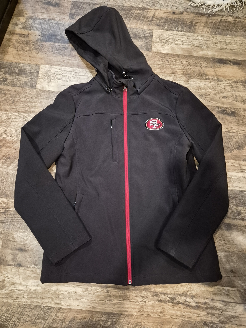 NFL Black Hooded Jacket with Red Zip and Team Patch
